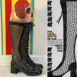 1970s vintage fishnet mesh black patent leather gogo boots lace 6 70s 60s 1960s